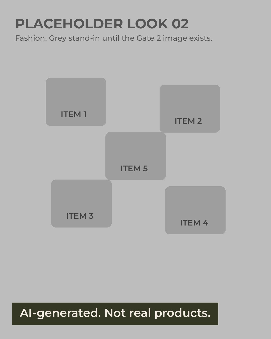 AI-generated image: grey placeholder for look 02 with 5 numbered item shapes.