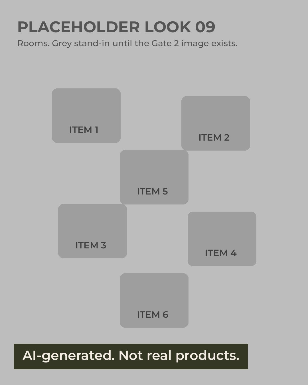 AI-generated image: grey placeholder for look 09 with 6 numbered item shapes.